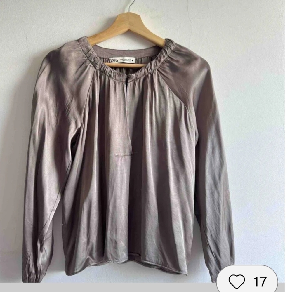 Zara Taupe Brown Long-Sleeve Gathered Neck Blouse